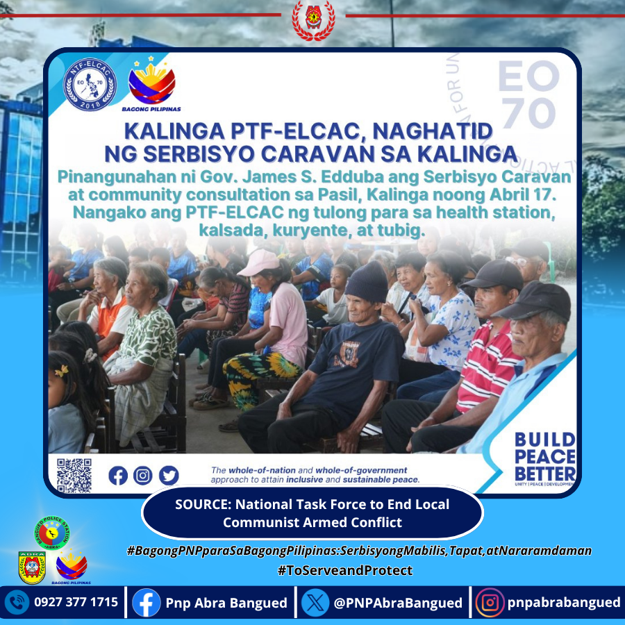 PNPAbraBangued's tweet image. Kalinga PTF-ELCAC, naghatid ng Serbisyo Caravan sa Pasil

#BagongPNPparasaBagongPilipinasSerbisyongMabilisTapatatNararamdaman
#ToServeandProtect
#procar