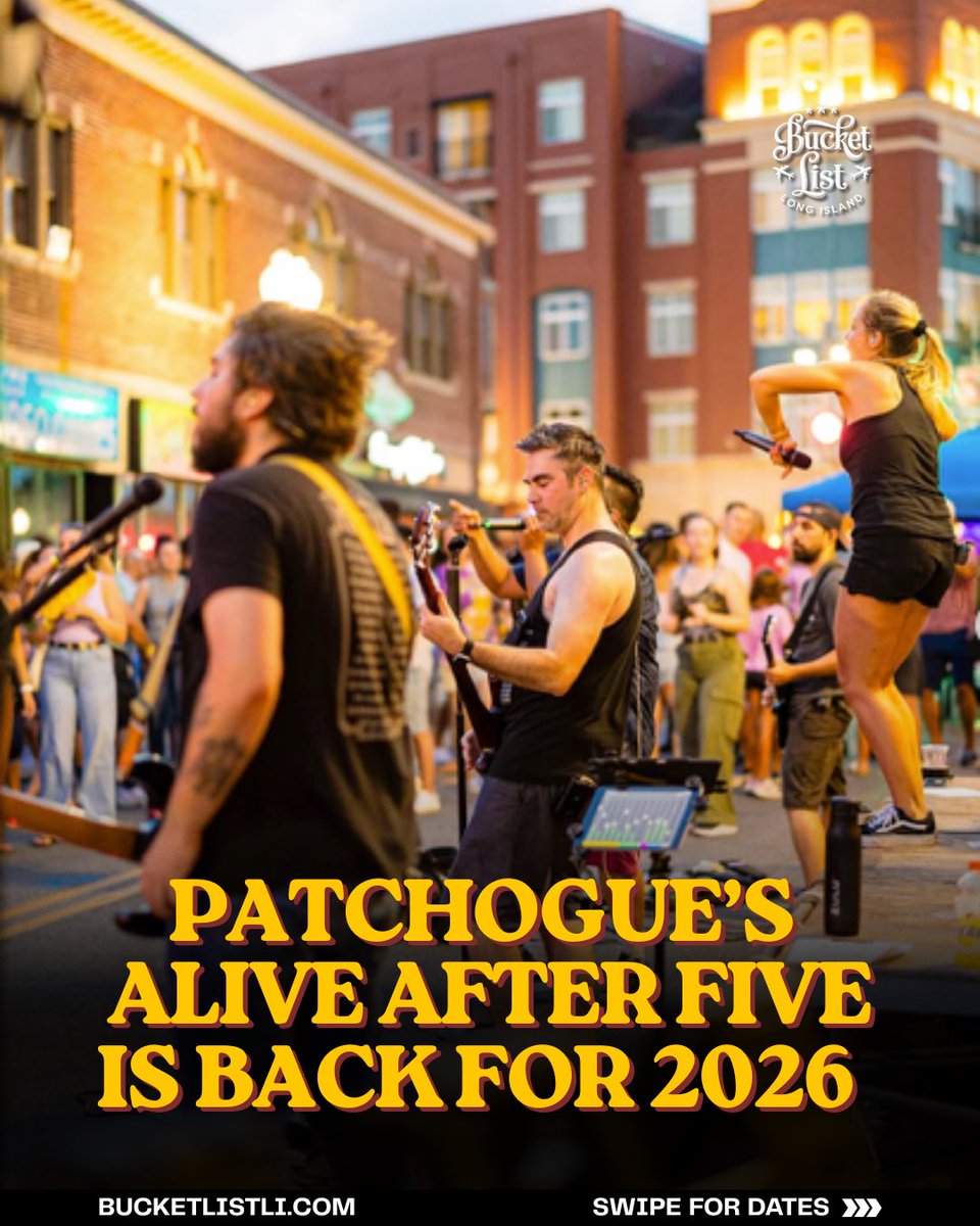 bucketlistli's tweet photo. Alive After Five returns for 2026 bringing live music, outdoor dining, 100+ vendors, local artists, and that unbeatable downtown energy.

📅 7/2, 7/16, 7/30, 8/13
🕔 Thursdays | 5–9 PM
📍 Downtown Patchogue https://t.co/6HblYeEmPc
