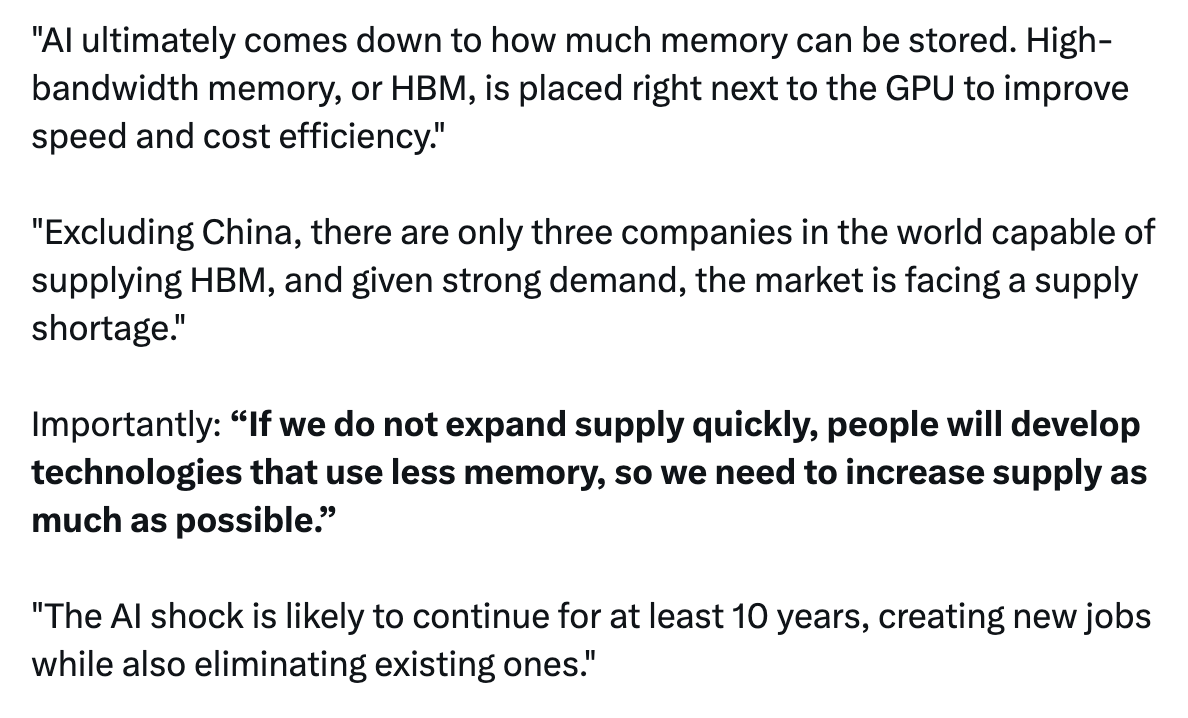 jukan05's tweet photo. Chairman Chey Tae-won seems really candid.

“If we can’t supply enough memory, our customers will optimize their algorithms in a way that uses less memory.” https://t.co/ggEnPIayaU
