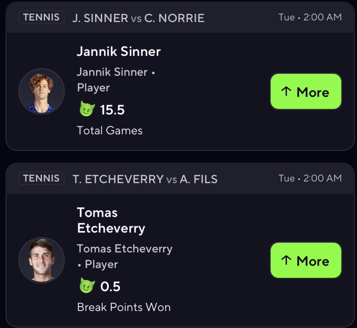 BreakPointSaved's tweet image. Sinner Norrie over 15.5 games &amp;amp; Etcheverry over 0.5 break points won vs Fils 1.8x slip risk 3U 🎾 

#DFS #PrizePicks #Madrid #Gambling𝕏 #Tennis
