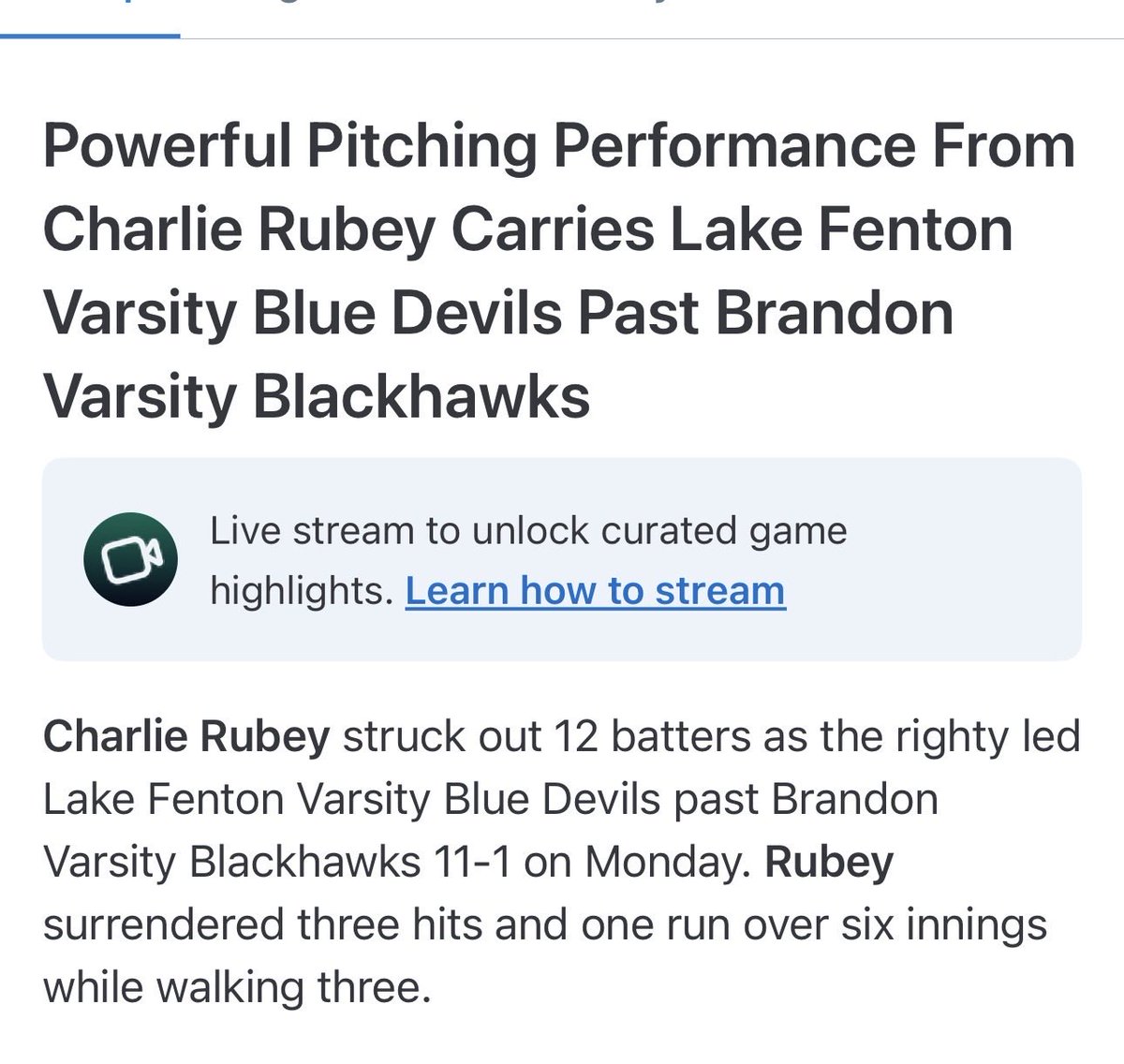rubey_charlie20's tweet photo. Big league win tonight. 

Complete game. 12 K’s, 3 hits, 3 walks, 1 run (0 earned). 

@Coach_Benner 
@TeamEliteMW 
@Bsbclips https://t.co/uYGRXUt8pF
