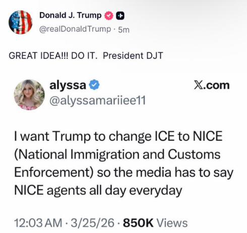 MintysMooners's tweet photo. let me lay this out for all you braindead mfers. not sure why i care that you make money but i guess i do for some reason 💀

Trump posts on truth social saying "GREAT IDEA!!! DO IT" on changing ICE to NICE as a massive troll move. 

but this isnt just a joke its happening
👇🧵 https://t.co/0IQyupp6fK