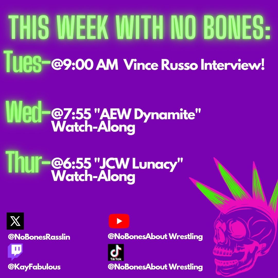 NoBonesRasslin's tweet image. New schedule!!!

Join &amp;amp; chat with Asa 🇺🇸, @KayFabulous80 👗, @Switch0116 🎤, @WolferusYT 🐺, &amp;amp; Dylan 🇮🇹!!!

@thevincerusso #WWF #WCW #JCW #TNA @jcwlunacy #AEW #AEWDynamite #JCWLunacy