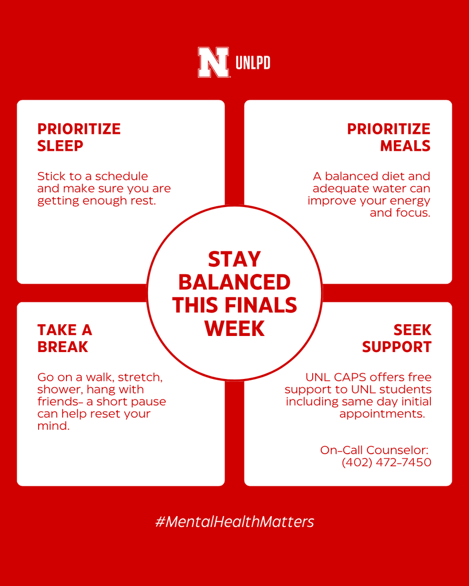 UNLPD's tweet photo. Finals week is coming up Huskers! Finals week can bring added stress, but your well-being matters just as much as your grades. Take breaks, get rest, and check in on yourself and those around you. You’re not alone, and support is always available when you need it. #UNLPD https://t.co/iQGt4K9R3Q