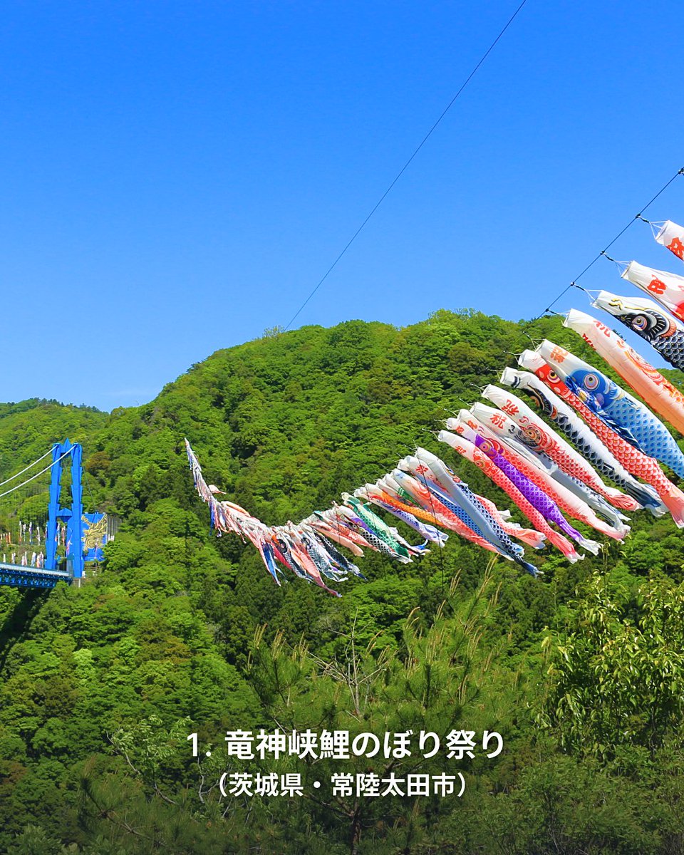 YahoojpMap's tweet photo. 今日は #こどもの日

青空を気持ちよさそうに泳ぐ鯉のぼり🎏
鯉のぼり絶景スポットを紹介します😊

1️⃣ 竜神峡鯉のぼり祭り（茨城県常陸太田市）
2️⃣ こいのぼりの里まつり（群馬県館林市）
3️⃣ 東京タワー鯉のぼり（東京都港区）
4️⃣ 加茂川を泳ぐ鯉のぼり（新潟県加茂市） https://t.co/P2XKJnoPzN