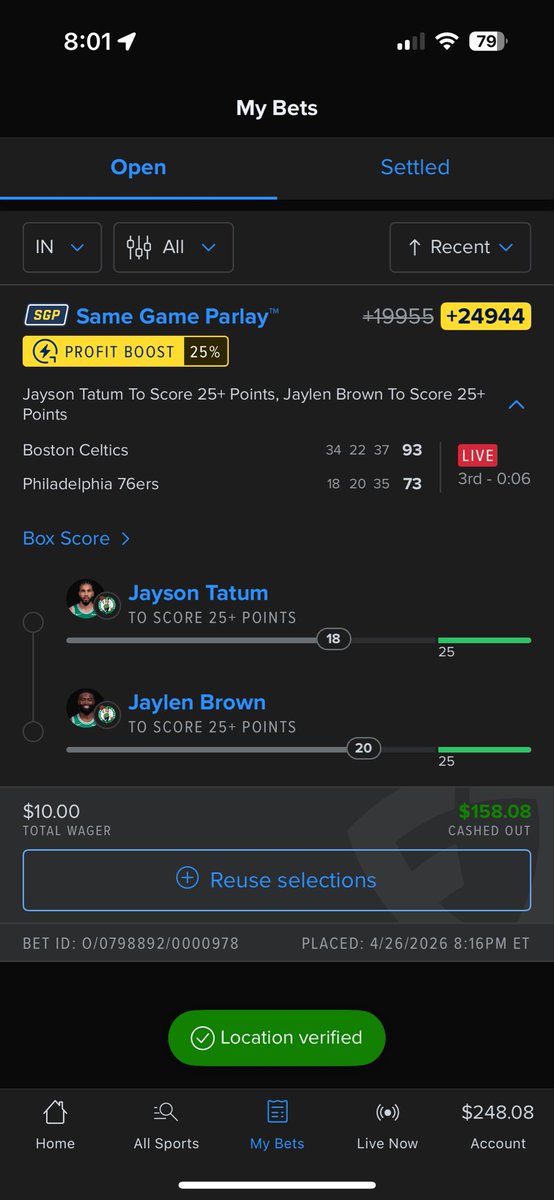 Chxrgable's tweet photo. @g_spencePP had this crazy play last night that would’ve paid $2,500, ik the blowout would limit their minutes in the 4th so i cashed out $10 into $160. tatum scored 30, and brown finished w 20 🤷🏽‍♂️ https://t.co/BRZDv3PPHa