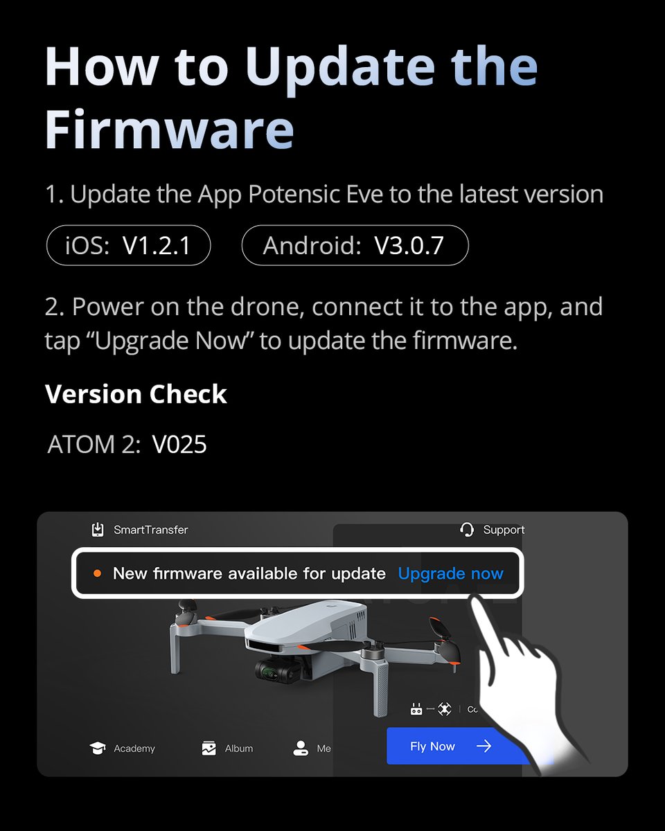 potensicdrones's tweet photo. Potensic ATOM 2 Firmware Update Alert!📷
 New Versions:
• ATOM 2: V025
• Potensic Eve App (iOS): V1.2.1
• Potensic Eve App (Android): V3.0.7
 What's New：
• AR Return-to-Home Track
• Video Download Watermark
• Revised Customer Service Interface
 #Firmwareupdate https://t.co/UDxH5zRIAS