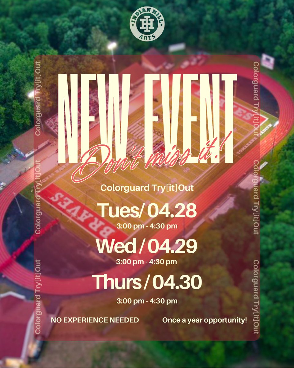 IHSD_Arts's tweet photo. Ready to try something new? Want to be part of something great!? Come try it out and learn more about our Color Guard, a vital part of our Braves Marching Band! Open to all students grades 7-12! See you tomorrow at 3:00 in the band room! #IHPromise @gobmband https://t.co/Ryy76BvXf0
