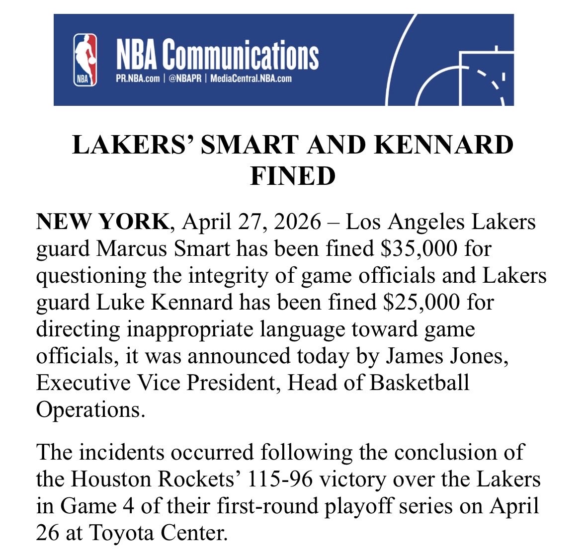 mcten's tweet image. Marcus Smart and Luke Kennard were both fined by the league for language towards game officials on the court following Game 4 in Houston