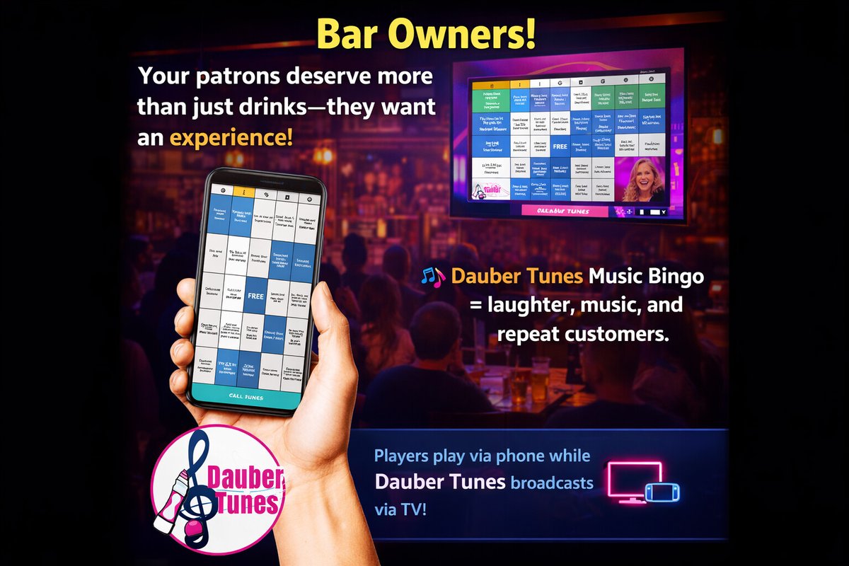 DauberTunes's tweet image. Hey Pub Owners &amp;amp; Managers! You you know this ... 

More fun = longer stays = bigger tabs! 🍔🍹

But did you know ...

🎶 Add Dauber Tunes Music Bingo to your lineup.

👉 Details: rpb.li/mBj

#PubLife #MusicBingo