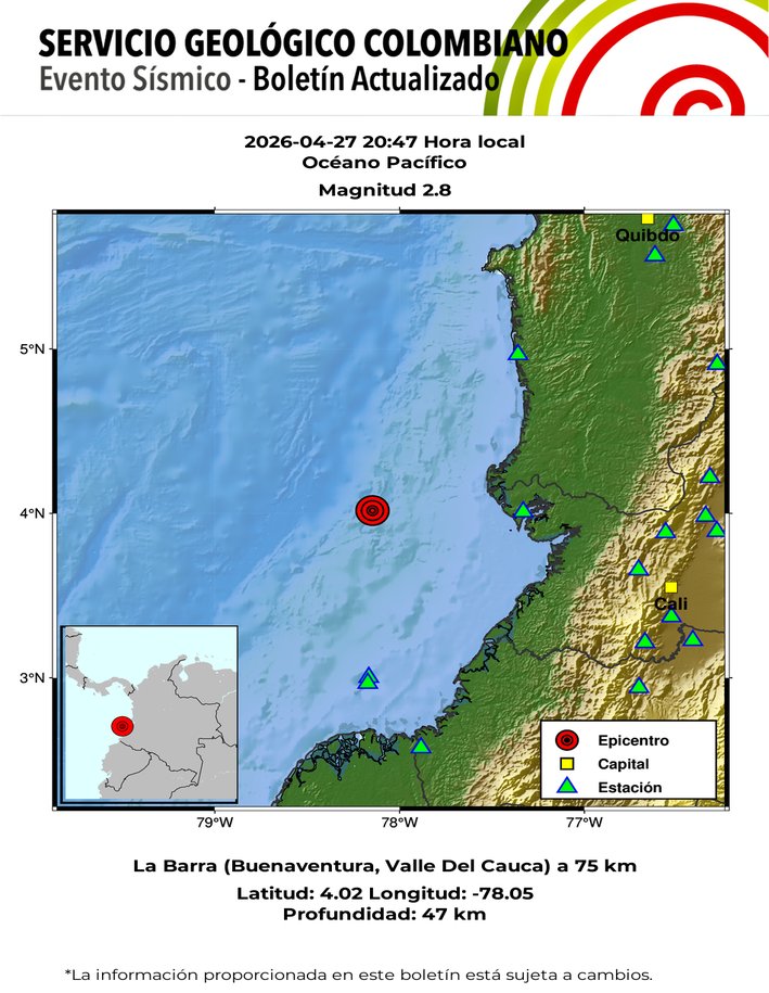 sgcol's tweet image. #SismosColombiaSGC Evento Sísmico - Boletín Actualizado 1, 2026-04-27, 20:47 hora local Magnitud 2.8, Profundidad 47 km, Océano Pacífico ¿Sintió este sismo? repórtelo sismosentido.sgc.gov.co sgc.gov.co/sismos #Temblor #Sismo