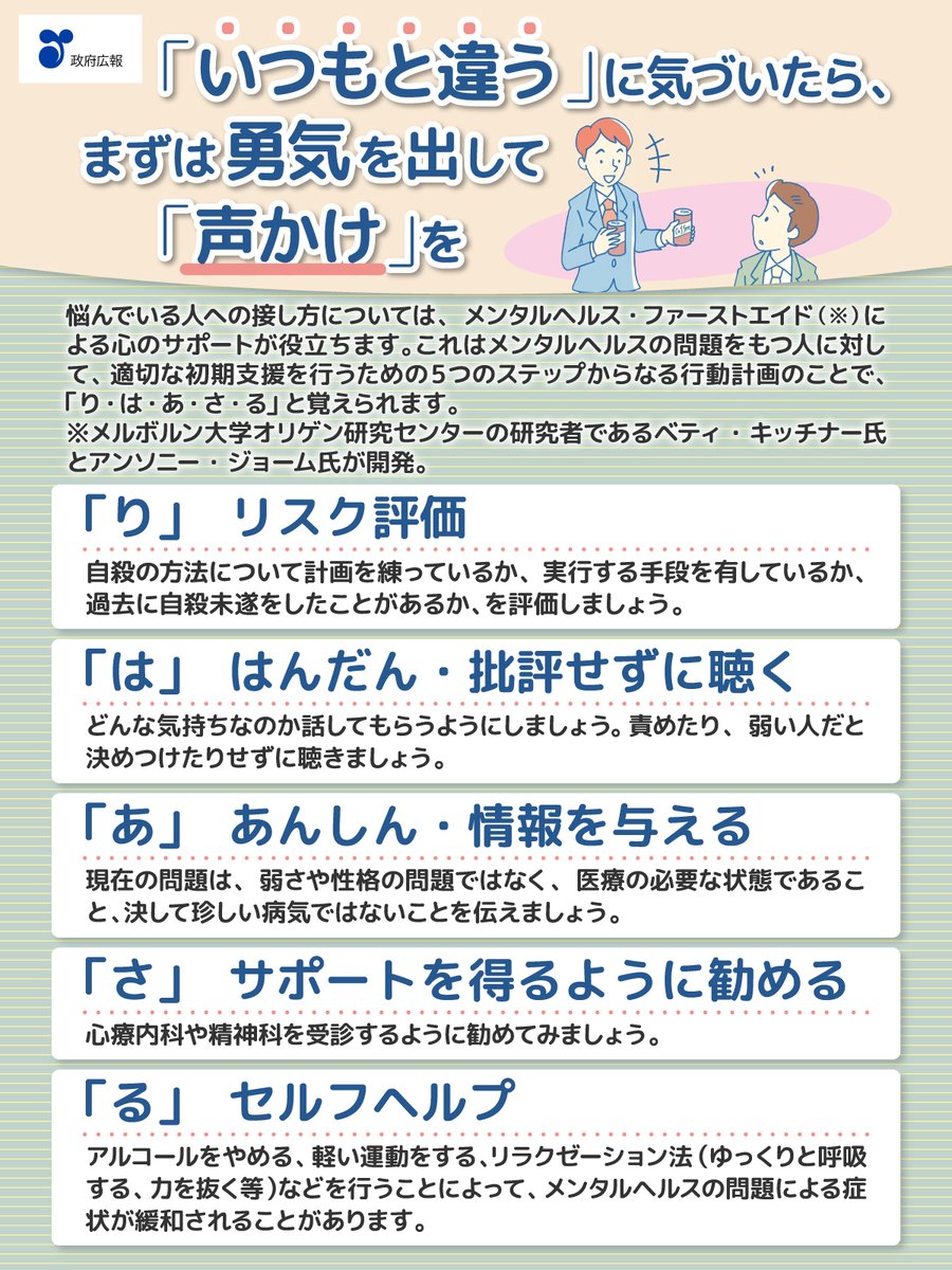 gov_online's tweet photo. 「ゲートキーパー」をご存じですか？

悩んでいる人に気づき、声をかけ、話を聞き、必要な支援につなげ、見守る人のこと。
特別な資格は必要ありません。

もし、いつも顔を合わせる人が「最近元気がないな」���いつもと様子が違うな」と感じたら、「どうしたの？」「よく眠れている？」などと声をかけてみませんか。

悩んでいる人への接し方は、「り・は・あ・さ・る」を意識することが大切です。
https://t.co/J35JSXtkMt
@MHLWitter