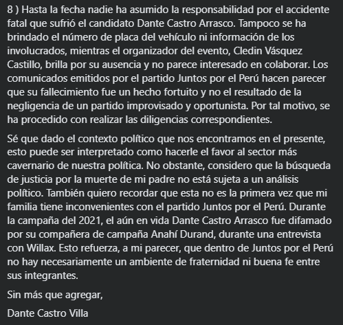 He quedado sorprendida con el testimonio de los hijos sobre la muerte de Dante Castro. Señalan a Roberto Sánchez y a su partido por su indolencia.
¿Así quiere ser presidente, si es incapaz de ayudar a los suyos?
Hasta el sobrino de Pedro Castillo está involucrado.