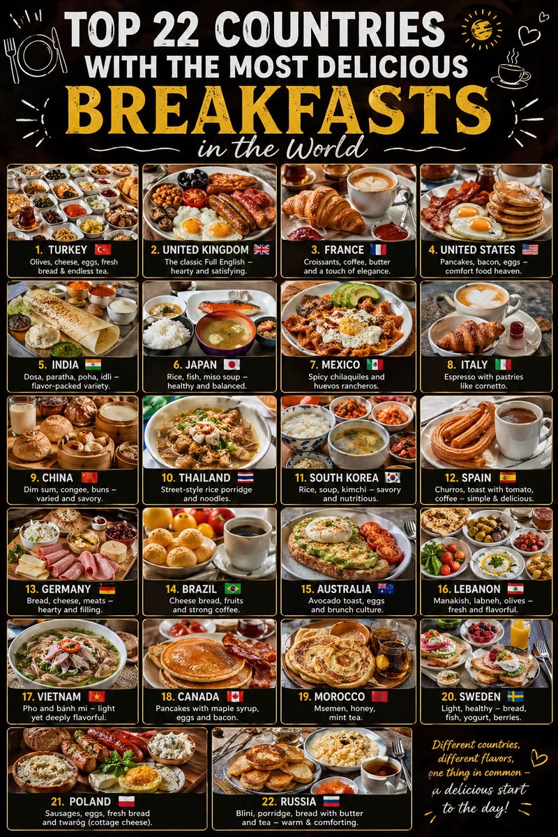 TheWorld_Update's tweet photo. 🌍🍳 TOP 22 COUNTRIES WITH THE MOST DELICIOUS BREAKFASTS 🤤✨
From spicy street food to elegant pastries… mornings around the world have never tasted this good! 🌅

🏆 Global Breakfast Icons

🇹🇷 Turkey – The ultimate spread: olives, cheese, eggs & tea
🇬🇧 United Kingdom – Full English = heavy, classic, satisfying
🇫🇷 France – Croissants + coffee = pure elegance
🇺🇸 United States – Pancakes, bacon & comfort vibes

🌶️ Flavor-Packed & Diverse

🇮🇳 India – Dosa, paratha, poha—endless variety
🇲🇽 Mexico – Spicy chilaquiles & huevos rancheros
🇨🇳 China – Dumplings, congee & buns
🇹🇭 Thailand – Street-style rice soups & noodles

🍱 Healthy & Balanced Mornings

🇯🇵 Japan – Rice, fish & miso harmony
🇰🇷 South Korea – Kimchi, soup & rice combo
🇻🇳 Vietnam – Pho & bánh mì freshness
🇸🇪 Sweden – Light Nordic goodness

🥐 Light, Sweet & Café Culture

🇮🇹 Italy – Espresso & cornetto
🇪🇸 Spain – Churros with chocolate
🇦🇺 Australia – Avocado toast & brunch vibes
🇨🇦 Canada – Pancakes + maple syrup

🧀 Hearty European & Middle Eastern Plates

🇩🇪 Germany – Bread, cheese & meats
🇵🇱 Poland – Sausages, eggs & fresh bread
🇷🇺 Russia – Blini, porridge & tea
🇱🇧 Lebanon – Manakish, labneh & olives

🌴 Unique & Cultural Flavors

🇧🇷 Brazil – Cheese bread & tropical fruits
🇲🇦 Morocco – Msemen, honey & mint tea