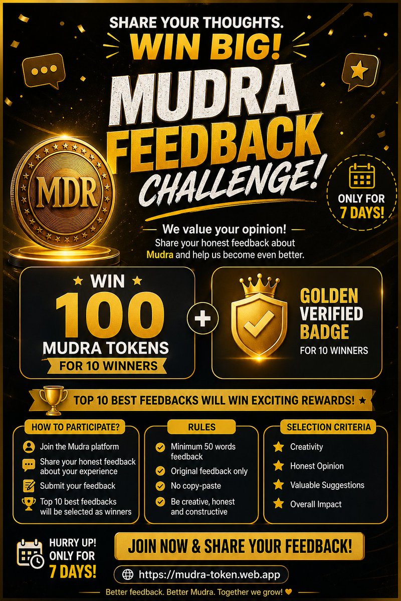Mudra_token's tweet image. Share your thoughts. Win big. 💡
100 Mudra Tokens + Golden Badge up for grabs!
Join now 👇
mudra-token.web.app
#MudraToken #PolygonCrypto #Web3Creators #CryptoCommunity 🚀