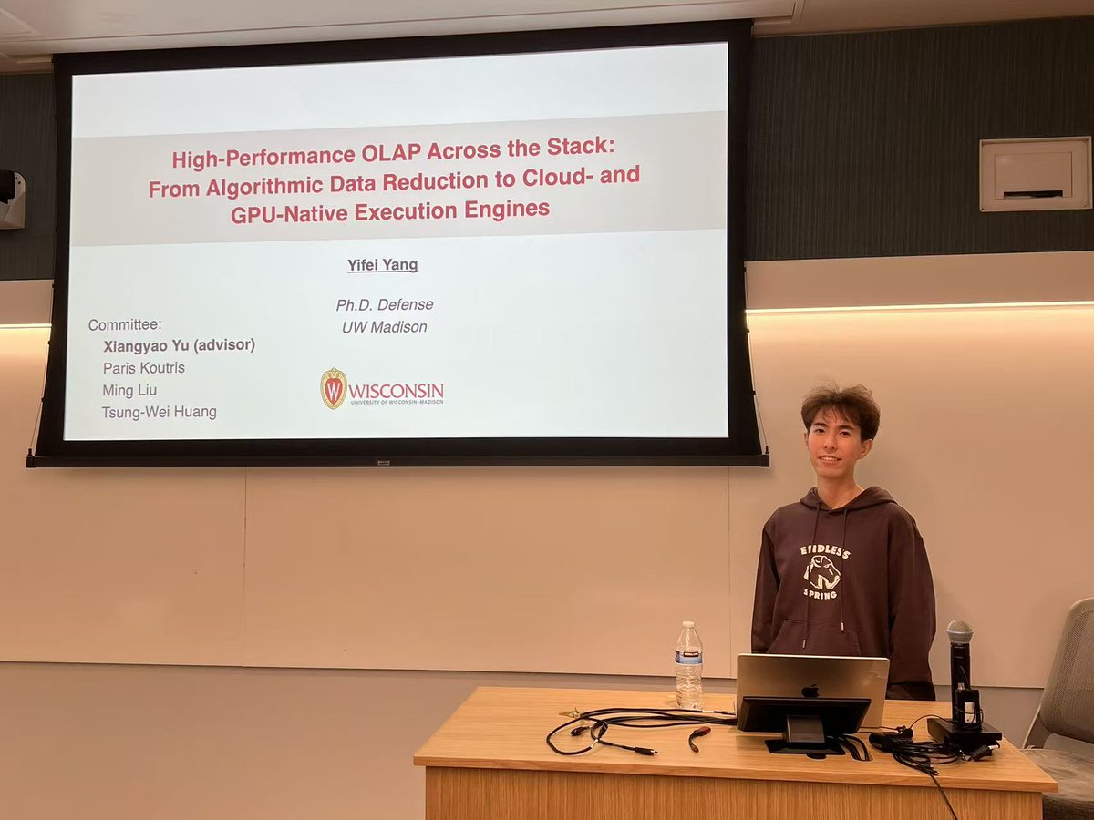 wiscdb's tweet photo. Huge congrats to Yifei Yang on completing his PhD in high-performance OLAP systems! 🎉 During his PhD, Yifei researched several novel techniques on distributed DBMS query execution. Now, he’s at @databricks on the query optimization team! https://t.co/PWnDZuFgaj