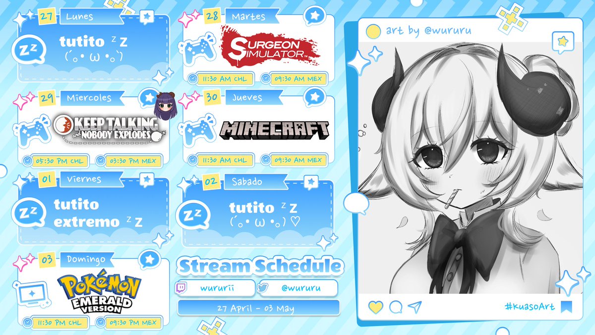 🫧CALENDARIO SEMANAL🫧             
            ♡ 27 al 4 de Mayo ♡  

hewwo! los planes son lobotomías, explosiones, ser papeada en el nether y pokémon ૮꒰˵• ﻌ •˵꒱ა♡