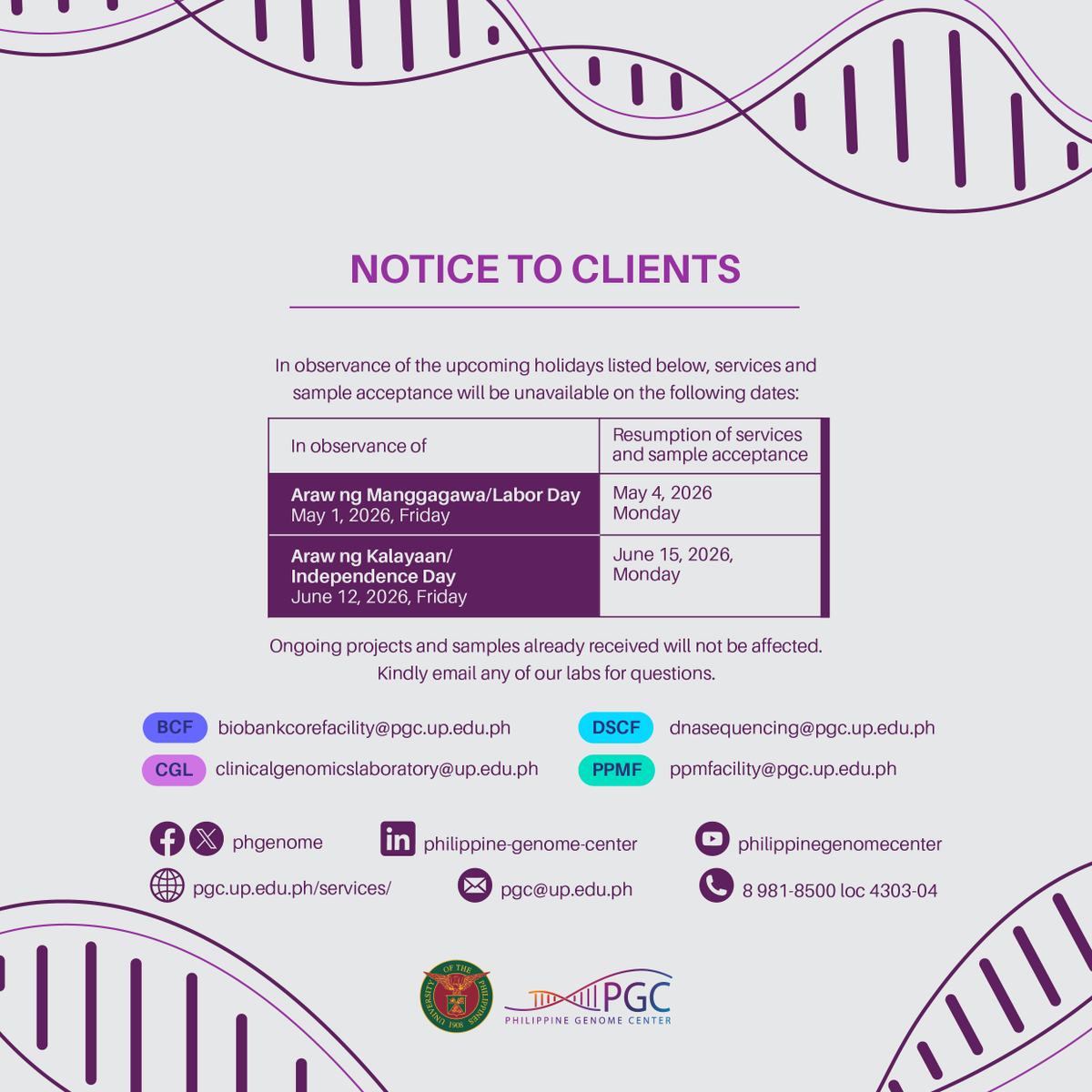 phgenome's tweet photo. [ADVISORY] Please be advised of the following schedule of operations (📆May-June 2026) for PGC core facilities.
We thank you for understanding. https://t.co/POdfz5XAfz