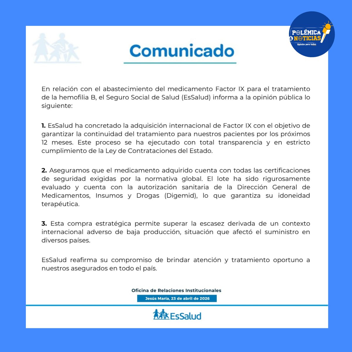 y_polemica's tweet image. 🔵 #Arequipa  COMUNICADO DE ESSALUD

Sobre la adquisición de medicamentos para pacientes con Hemofilia: