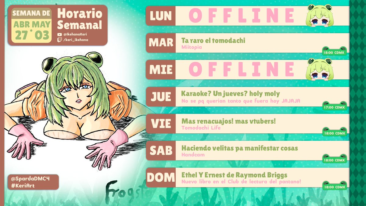 Se sobrevivio una semana mas renacuajos! ❤🐸

Aqui esta el horario de esta semana! :3c 
El viernes añadiremos mas renacuajos y vtubers al pantano para que lo anoten y no se lo pierdan x3 

No digan que esta semana no hay horario tee hee 👀