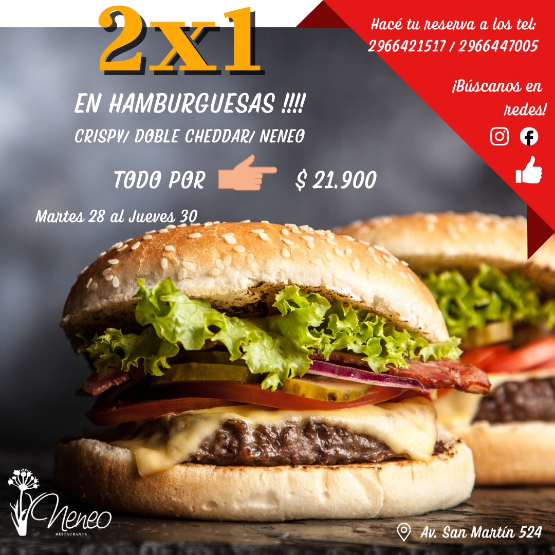 NeneoRestaurant's tweet image. 🍔HAMBURGUESAS 2x1 🍔
Martes 28 a Jueves 30
Sólo 👉 $ 21.900
Armá tu combo:
* 🍔 Crisp, Doble cheddar y Neneo.
También por #Delivery
🍸 + #2x1 en #Fernet #Branca $ 8.500
👉 Reservas  2966-447005
📍 Av. San Martín 524
#RíoGallegos #Restaurante #Hamburguesa #Promo #Cena #Almuerzo