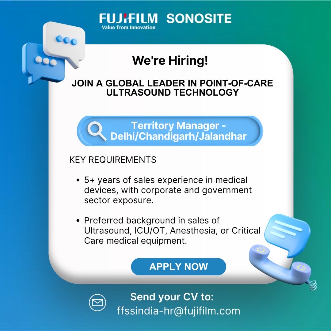 sonositeindia's tweet image. Join FUJIFILM SonoSite India. We're hiring a Sales Professional for North India to drive growth &amp;amp; manage key accounts. 5+ yrs MedTech sales exp. Ultrasound/ICU/Anesthesia preferred. 

Apply: ffssindia-hr@fujifilm.com 

#MedTechJobs #POCUS #DelhiJobs #HealthcareCareers