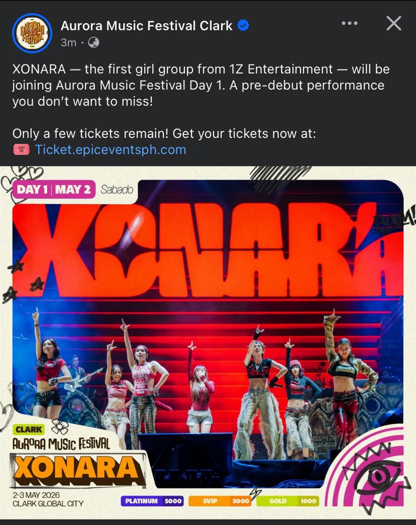 BIG NEWS FOR XONARA FANS ✨

XONARA — the first girl group from 1Z Entertainment — will be joining Aurora Music Festival Day 1. 

Those who want to see them perform live, this is your sign! 

Xoxo. 𑣲⋆｡

<a href="/1zentertainment/">1Z ENTERTAINMENT</a> <a href="/officialxonara/">XONARA</a>