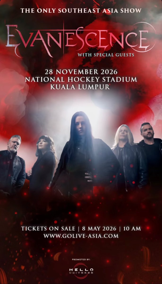 psxoxomy's tweet photo. 🎫 EVANESCENCE The Only Southeast Asia Show
📆 28 November 2026
📌 National Hockey Stadium Kuala Lumpur

Tickets on sale 8 May 2026 – 10AM via @GoLiveAsia 

Slots are opened for ticketing service! 🤍 #evanescence #evanescenceinKL https://t.co/Xi1y92kNzX