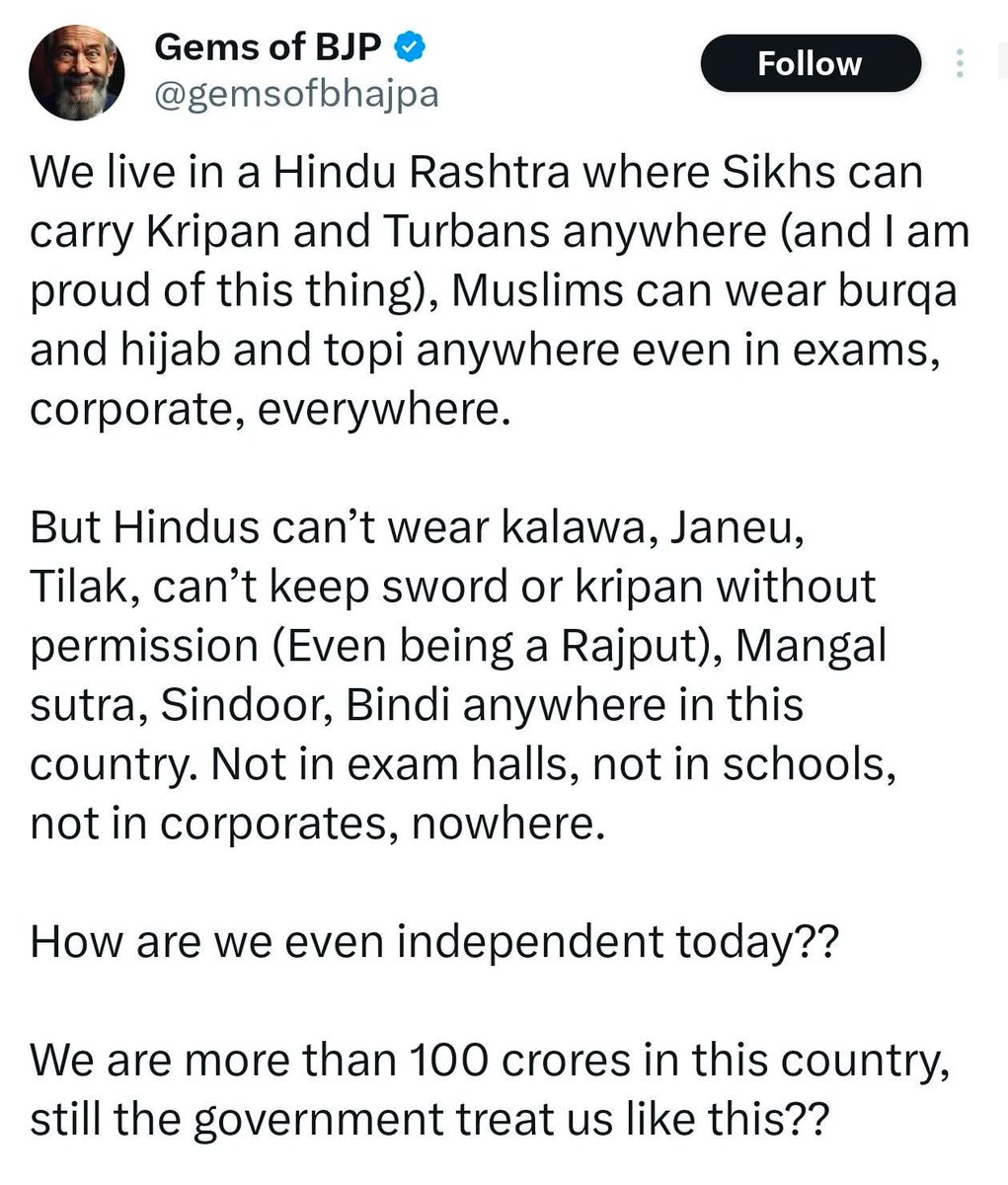 indianglobal's tweet image. We see Hijab, Burqa, Topi accepted in exams, schools, and corporate offices
Y r der hurdles 4 wearing a Kalawa, Janeu, or Tilak? Wd over 100 cr Hindus, it’s time 2 ask: is this d freedom we envisioned? 
#ReligiousFreedom #Hindu #Equality #secularism  #SanatanDharma