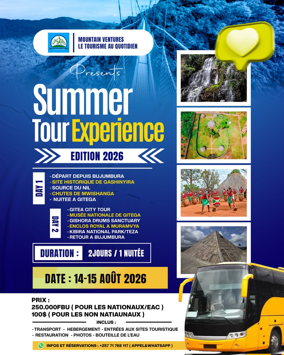 MountainVentur's tweet image. Et encore ... " summer tour Experience, 2026" est ici. Nous avons hâte de vous y retrouver. Réservez des maintenant 👇 #Burundi🇧🇮 #Tours #Tourisme