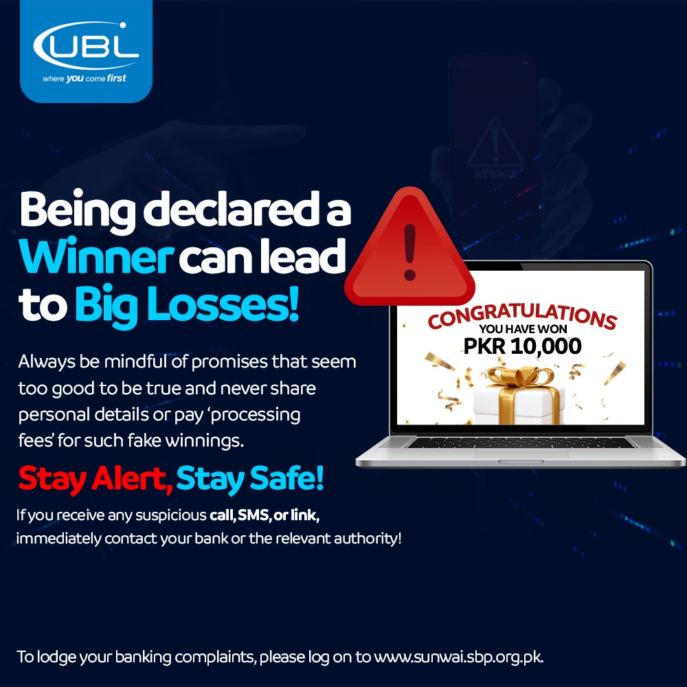UBLDigital's tweet image. Not every prize is a win!

Beware of scam emails claiming you’ve won big—never share personal details or pay ‘processing fees.’ Stay Alert, Stay Safe!

Grow faster with UBL.

Complaints: sunwai.sbp.org.pk

#UBL #FraudAwareness #SecurityKaSwitchOn #StayAlertStaySafe