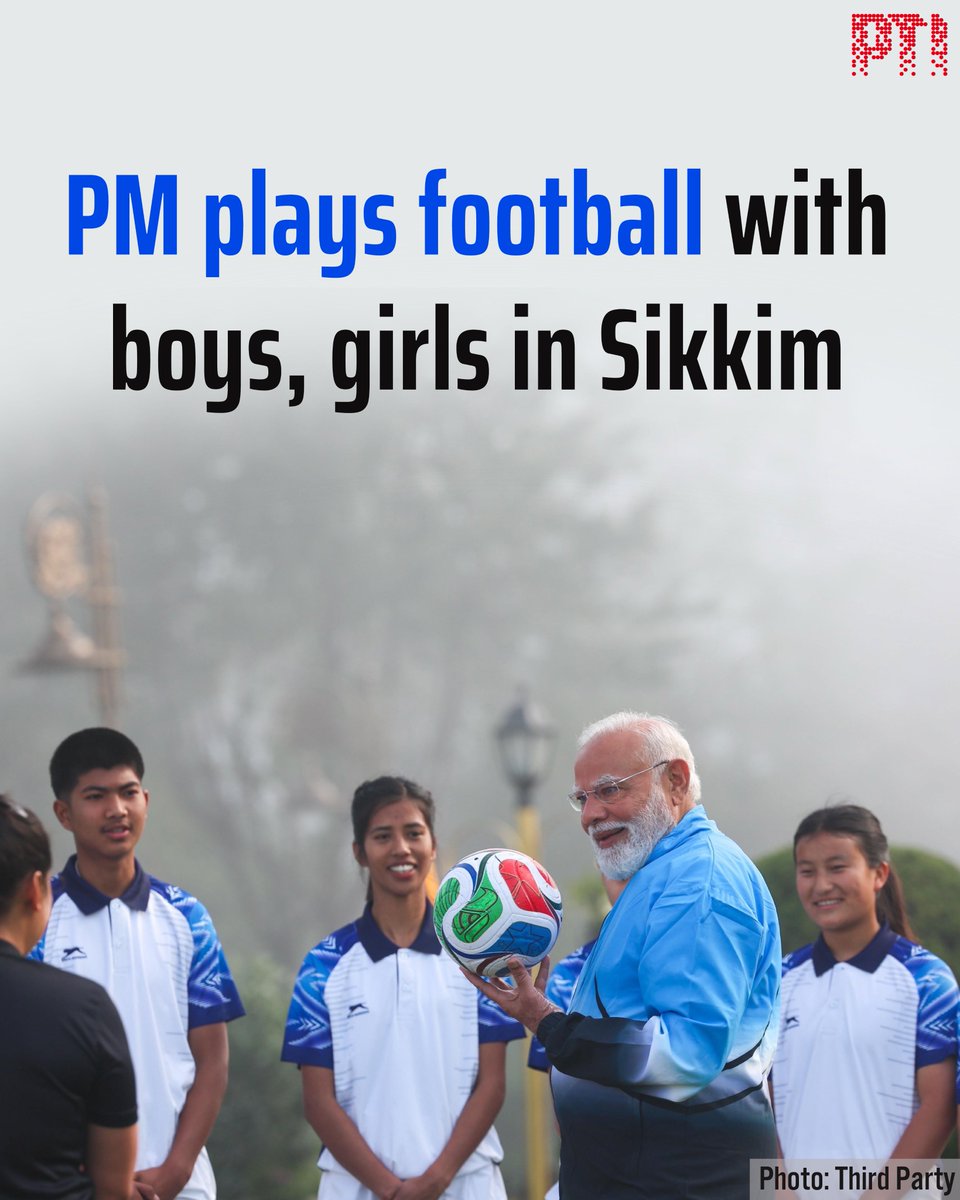 PTI_News's tweet photo. STORY | PM plays football with boys, girls in Sikkim

Prime Minister Narendra Modi, who is on a two-day tour of Sikkim, played football with some boys and girls in Gangtok on Tuesday morning and described the soccer session as "energising".

Modi shared on social media a few photographs in which he is seen playing soccer with youngsters.

"Nothing like playing some football with my young friends in Sikkim on a lovely Gangtok morning! Clearly, an energising football session with these youngsters!" the PM said on X.

READ: https://t.co/vVFssrS7Q3