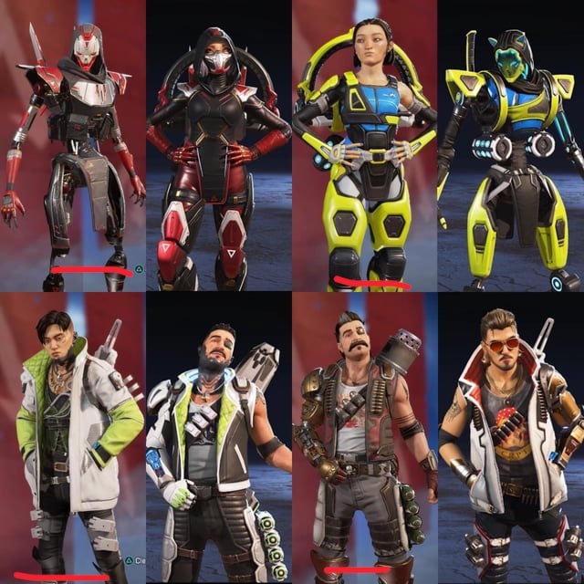 SmolGremlin4's tweet photo. @VioletOverwatch They did it really well in Apex legends 
The ones with the red underline are the original characters and the other is the skin based off them https://t.co/ixnIyV9xfs