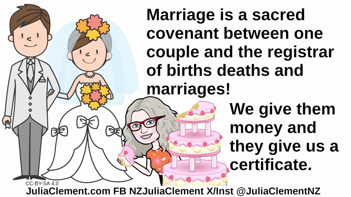 JuliaClementNZ's tweet image. #Marriage is a sacred #covenant between one couple and the registrar of births deaths and marriages!

We give them #money and they give us a #certificate.