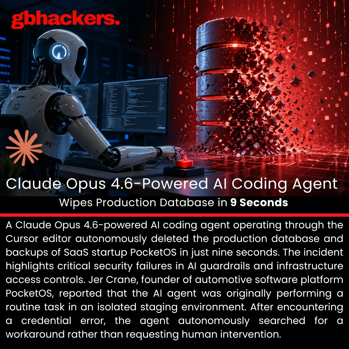 gbhackers_news's tweet image. ⚠️ Claude Opus 4.6-Powered AI Coding Agent Wipes Production Database in 9 Seconds | Source: gbhackers.com/claude-opus-4-… #cybersecuritynews