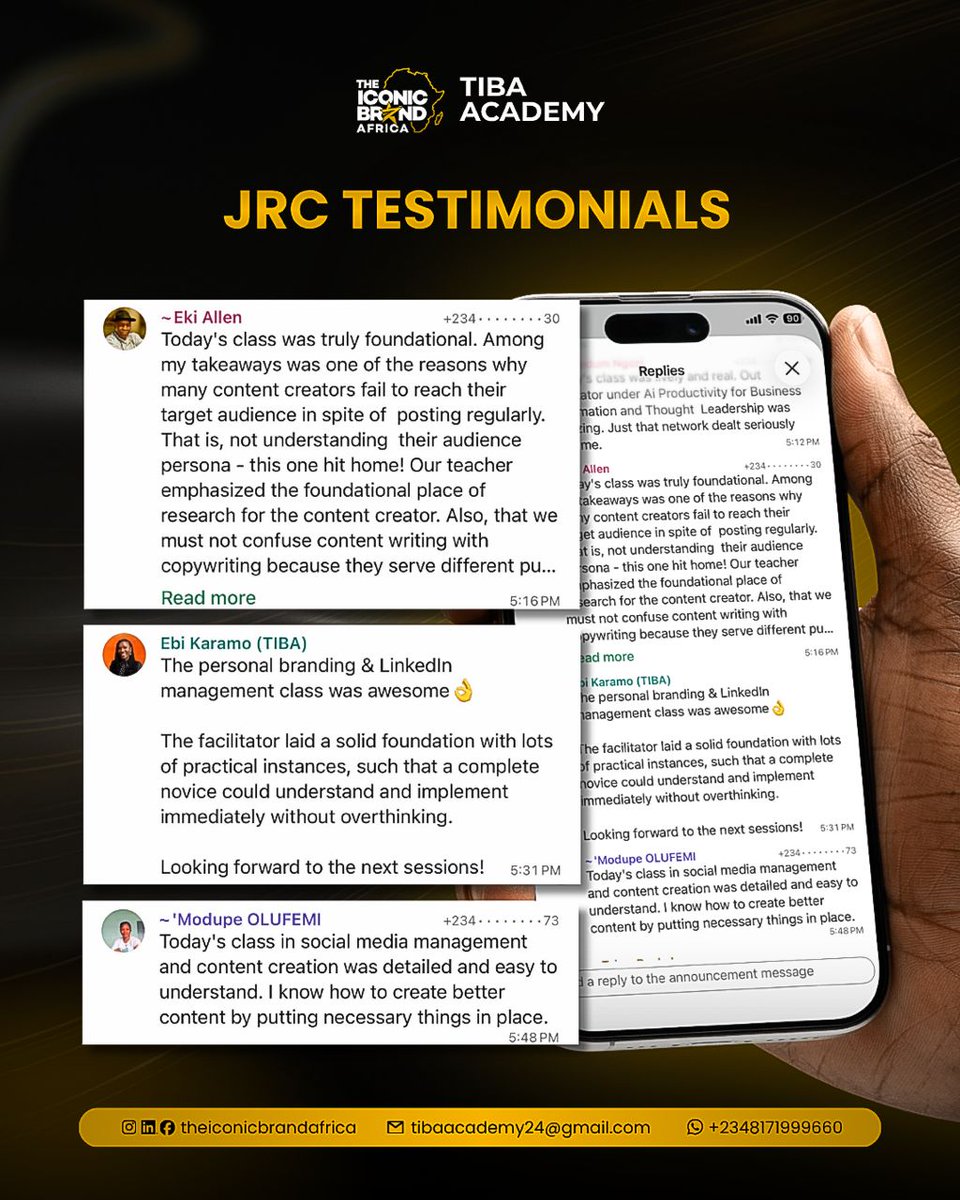 JulietteClare01's tweet photo. Reviews and Testimonials don't lie....

Evidence everywhere....

The Week 3 experience at TIBA Academy has been focused and and the results are already showing.

https://t.co/MSbQd7JTZv https://t.co/IS9dbQaCQm