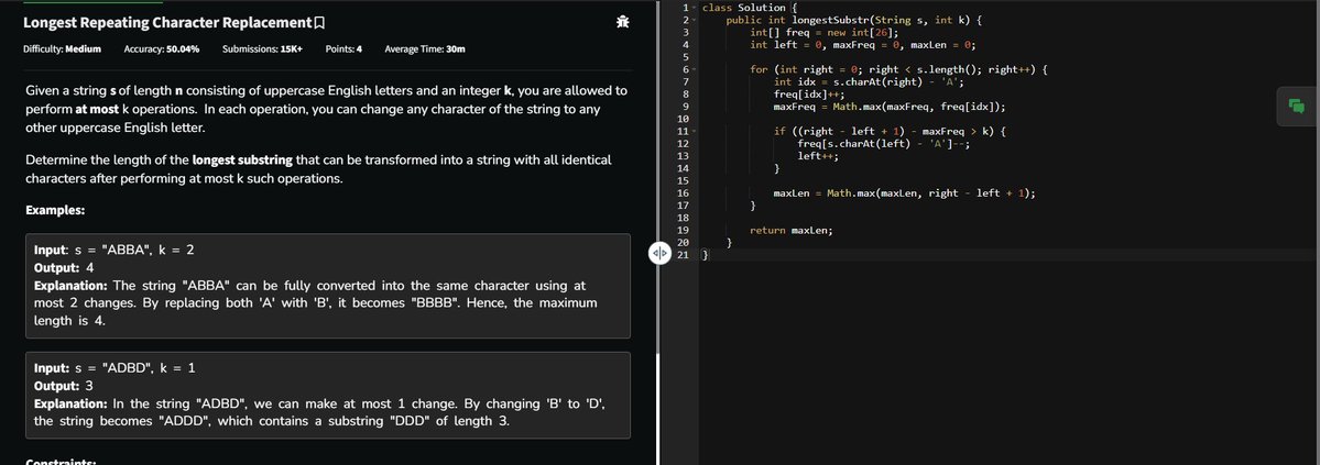 CHHATRAPATI09's tweet image. 64/100 – #geekstreak100

Solved Longest Repeating Character Replacement using Sliding Window + Frequency Optimization

Time – O(N) | Space O(1)

#slidingwindow #strings #twopointer #greedy

@syntaxsquad30

@gfg_sstc @NPCI_NPCI