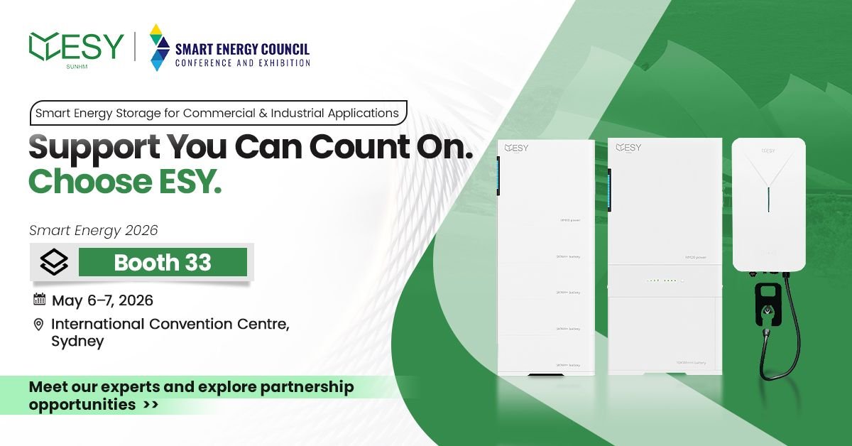 ESYsunhome's tweet image. We’re excited to invite you to Smart Energy Council Conference and Exhibition 2026  in Sydney, Australia.

✅ All-in-One Single-Phase and Three-Phase ESS
✅ Bidirectional EV DC Charger

We look forward to seeing you there!
#ESYsunhome #SolarBattery #SmartEnergy #Australia