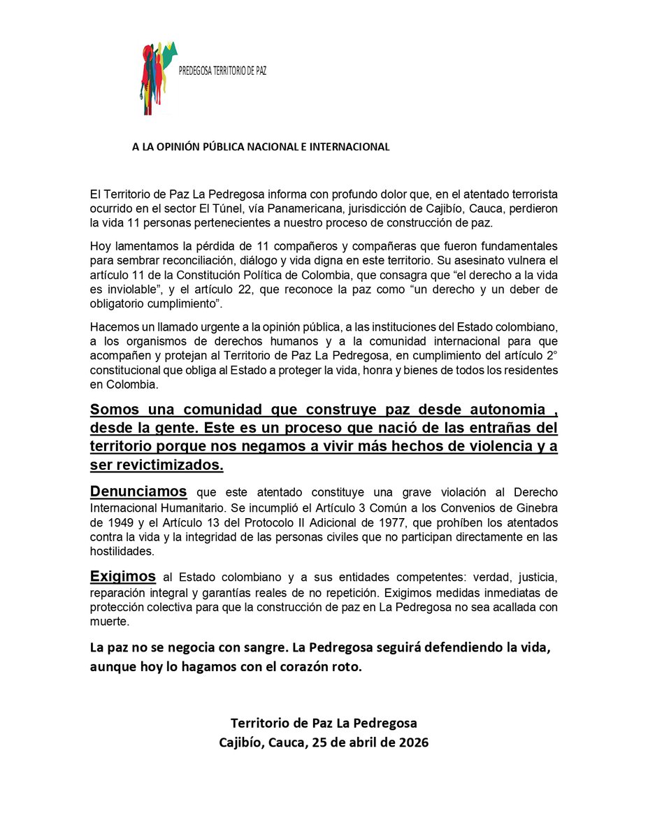 SistemaPaz's tweet photo. 🚨 Desde el Sistema de Iniciativas de Paz, replicamos el pronunciamiento de la comunidad de El Territorio de Paz La Pedregosa ante los graves hechos ocurridos en #Cajibio #Cauca

La #ConstrucciónDePaz no puede detenerse por el miedo. @DefensoriaCol @MAPPOEA @onucolombia https://t.co/JbierGbKaL