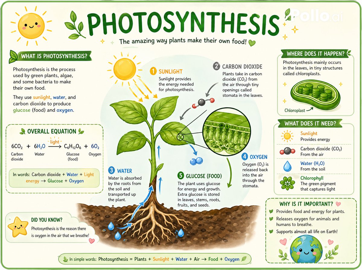 Lara_Gssy's tweet image. Photosynthesis Explained 🌿☀️ | Knowledge Card
Created with GPT Image 2.0 on Pollo AI.
#polloai #Photosynthesis #Biology #Learning #KnowledgeCard #AIArt #GPTImage2 
@itsPolloAI @polloai_creator