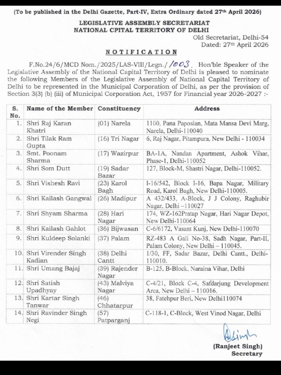 AajGothi's tweet image. Speaker of the Delhi Legislative Assembly, Vijender Gupta, has nominated Members of the Legislative Assembly of the National Capital Territory of Delhi to represent the Municipal Corporation of Delhi for the financial year 2026–27 

#Delhi #MCD #DelhiAssembly #Governance