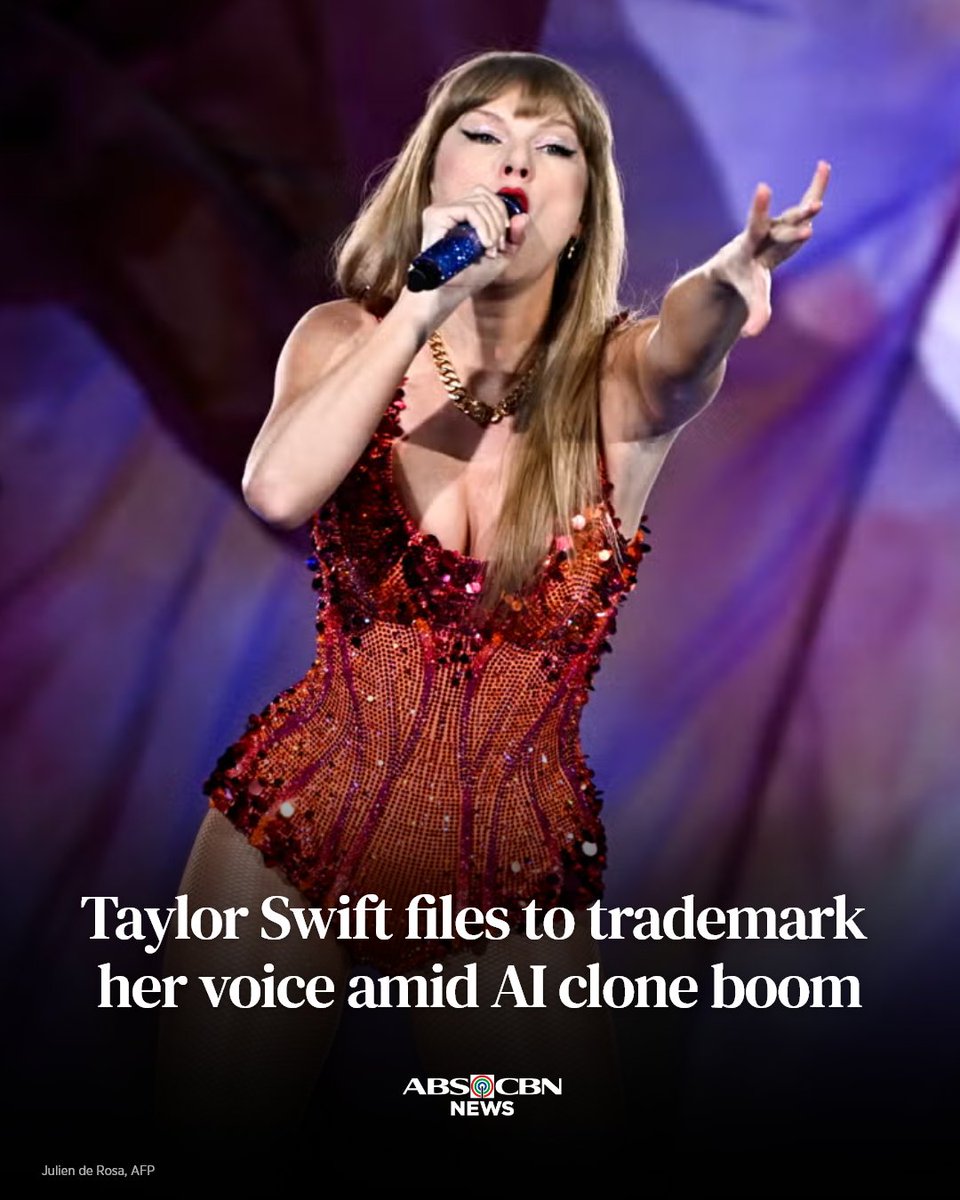 ABSCBNNews's tweet photo. Taylor Swift has filed applications with the US intellectual property office to trademark her voice as more artists express concerns about the unregulated use of their work by AI platforms.

READ: https://t.co/6FFnImpDNG https://t.co/cM9nWxKFNR