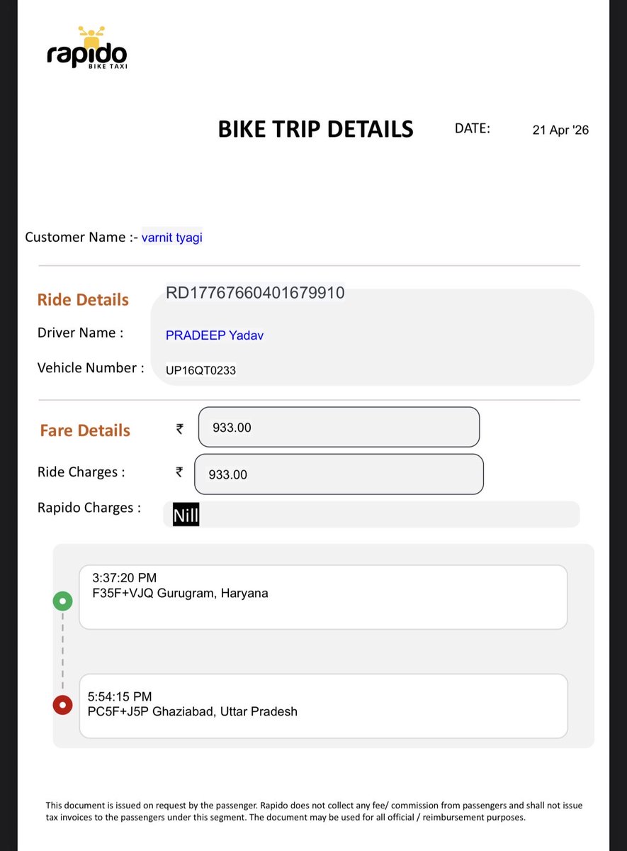 varnittyagi's tweet photo. @RapidoCares @rapidobikeapp @dir_ed @rapidobikeapp @RapidoCares This is your “resolution”? Sharing a backend screenshot while your app shows a lower invoice amount. Why the mismatch? Same issue again on 27 Apr. Ride ID #RD17 7727 2305 0003 146. Fix your billing. #Rapido #BillingIssue #ConsumerRights @dir_ed fyi https://t.co/hGnE7wNHwr