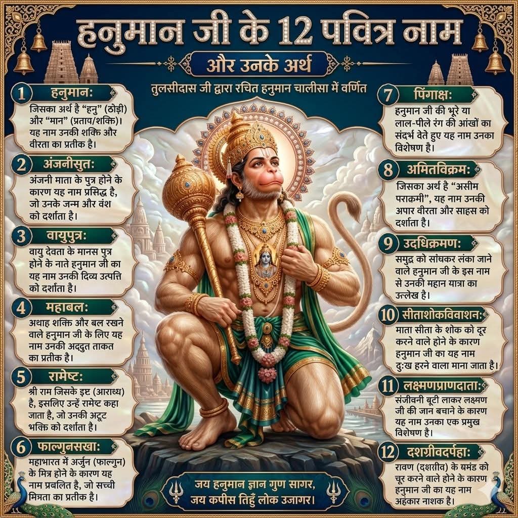 श्री हनुमान जी के 12 पवित्र नाम: हनुमान, अंजनीसुत, वायुपुत्र, महाबली, रामेष्ट, फाल्गुनसखा, पिंगाक्ष, अमितविक्रम, उदधिक्रमण, सीताशोकविनाशन, लक्ष्मणप्राणदाता, दशग्रीवदर्पहा 🙏🏻🚩

जय श्री राम, जय बजरंग बली 🚩🙏🏻
जय वीर हनुमान जी महाराज 🚩