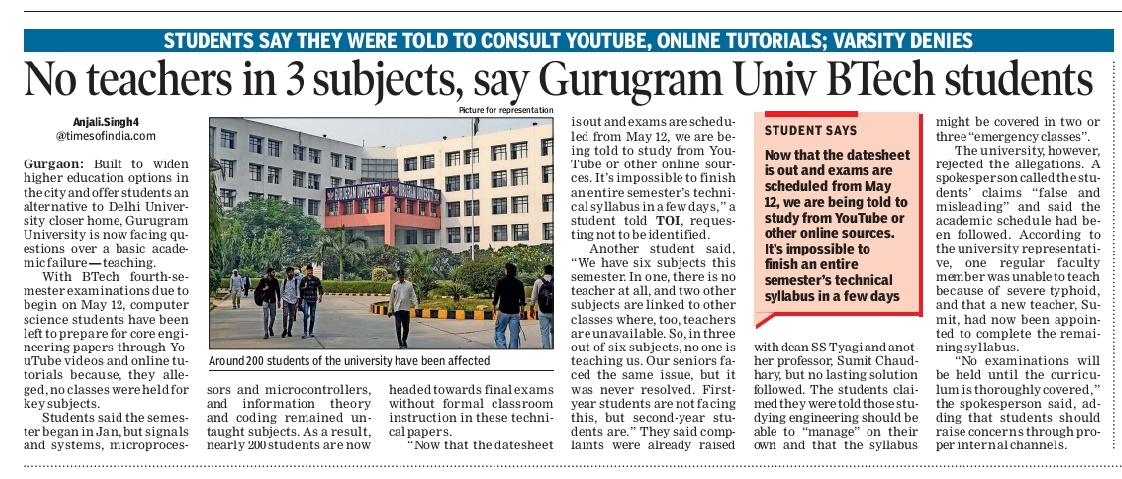 scribe_anjali's tweet image. Gurugram Univ’s BTech batch teacher-less, falls back on YouTube to clear exam

‘No Regular Classes For Core Subjects, Told BTech Students Should Manage On Own’

#Gurgaon 
#Haryana

timesofindia.indiatimes.com/city/gurgaon/n…