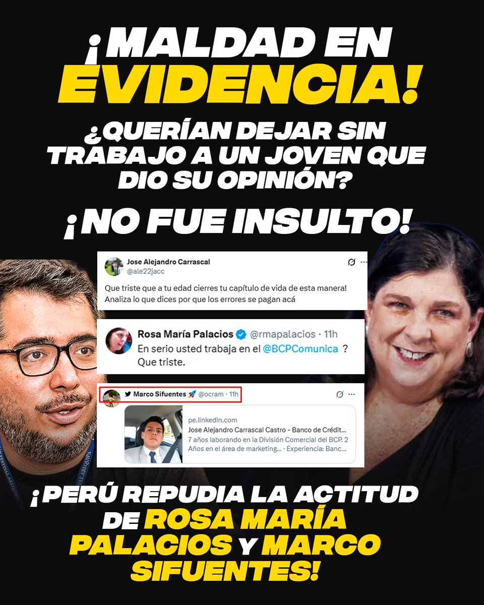 ¿Querían dejar sin trabajo a un joven por dar su opinión? La controversia crece y muchos cuestionan la actitud de Rosa María Palacios y Marco Sifuentes.

El debate sobre la libertad de expresión vuelve al centro de la discusión. 🇵🇪

#Perú #LibertadDeExpresión #Polémica