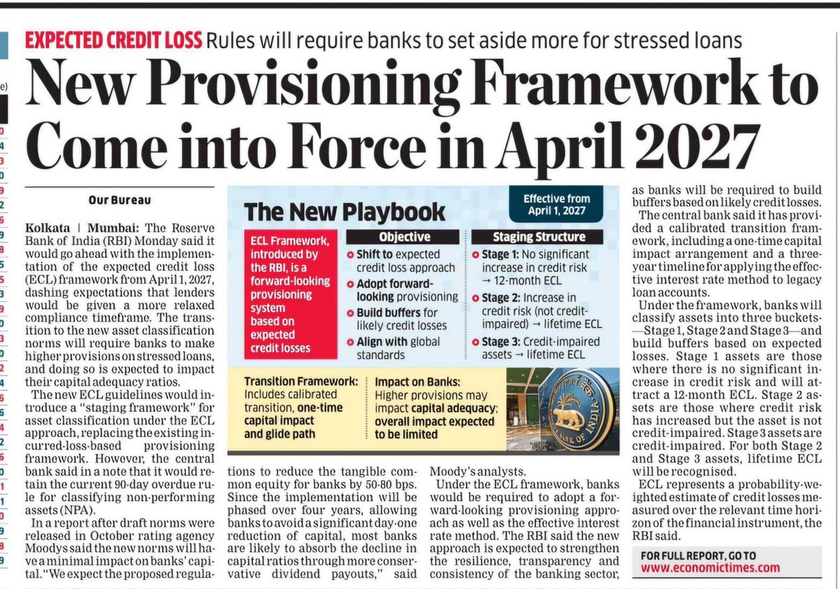 PSBPunch's tweet image. The #RBI has officially announced that the new Expected Credit Loss (ECL) framework will come into force on April 1, 2027.

​The move marks a shift from incurred-loss to a forward-looking provisioning system. Banks will now need to build buffers for likely #credit losses across