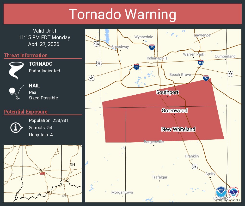 Tornado Warning continues for Greenwood IN, New Whiteland IN and ...