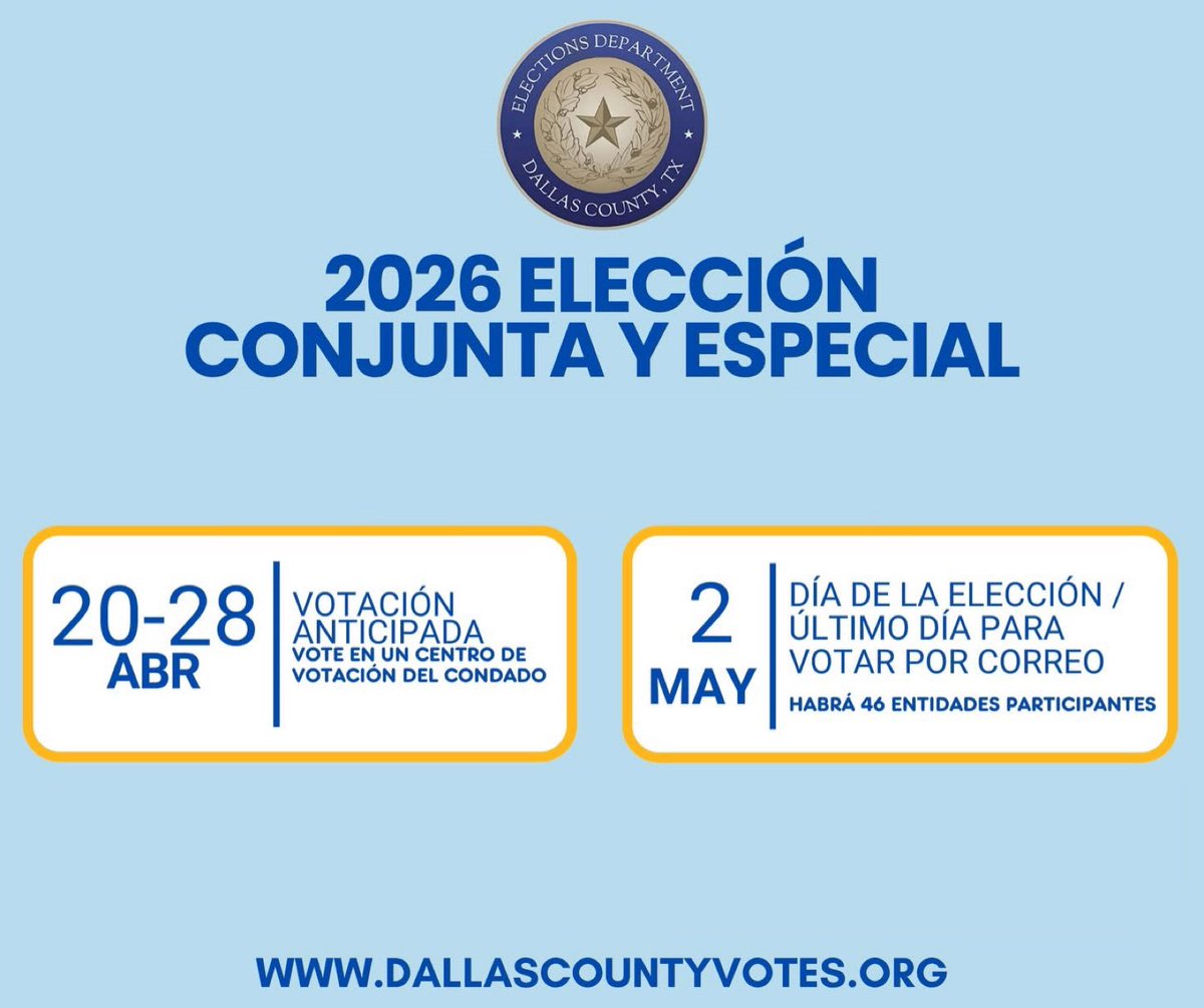 drelbagarcia's tweet image. La votación anticipada termina MAÑANA 28 de abril de 7 AM – 7 PM🚨🗳️

📍 Encuentra tu casilla electoral en dallascountyvotes.org.

#DrElbaGarcia #DallasVotes #EarlyVoting #DallasCounty #Dallas