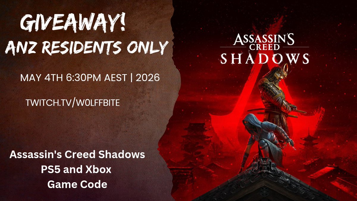 W0lffbite's tweet image. Hey ANZ Residents!! Yes you!! Do you want a copy of Assassin's Creed Shadows for Xbox or PS5?? Well next week I plan on giving one code for each platform away!! Must be in my stream to be in it to win it!!! twitch.tv/w0lffbite @UbisoftANZ #videogames @GetWetSports